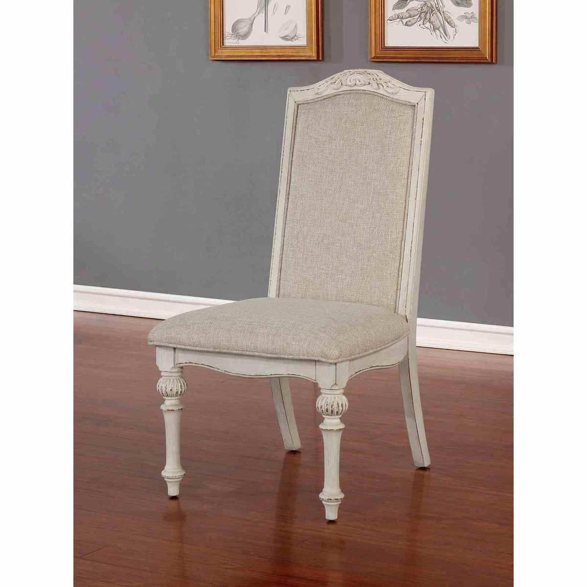 Rustic Style 2pc Side Chair Upholstered Seat Intricate Wood Inlay Detail Antique White Finish Dining Room