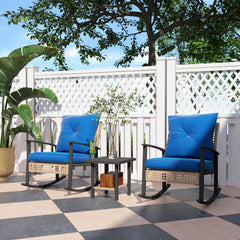 3 Pieces Bistro Set, Patio Wicker Furniture Set with Button Tufted Cushions, Rattan Rocking Chairs, Coffee Table, Blue