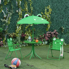 Kids Table and Chair Set, Outdoor Folding Garden Furniture, Picnic Table for Patio Backyard, with Removable & Height Adjustable Sun Umbrella, Green Frog