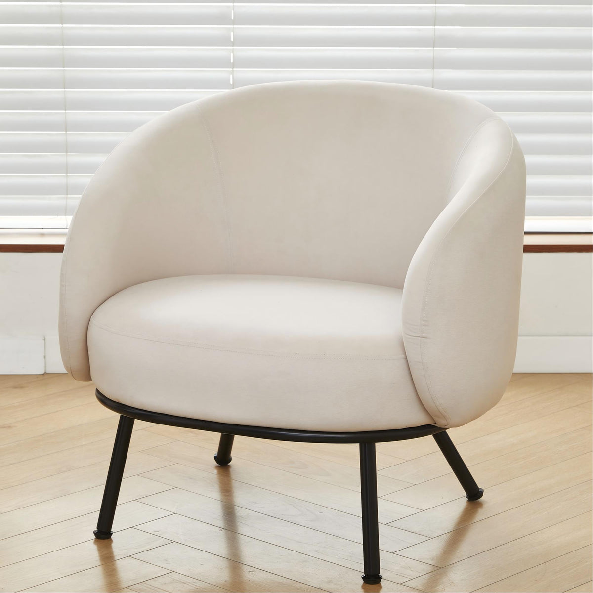 Mid-Century Modern Velvet Accent Chair, Upholstered Barrel Armchair with Metal Legs, Comfy Single Sofa Chair for Living Room Bedroom