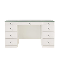 1pc Glam Makeup Vanity Table Glass Top 9 Drawers Knobs White Wooden Bedroom Furniture