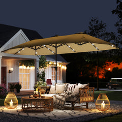 13ft Double-Sided Market Umbrella, Large Patio Umbrella with Solar Lights, Crank Handle for Garden, Pool, Yard, Khaki