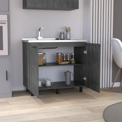 Pulsar 2 Utility Sink with Cabinet, Stainless Steel Countertop, Interior Shelf Smokey Oak
