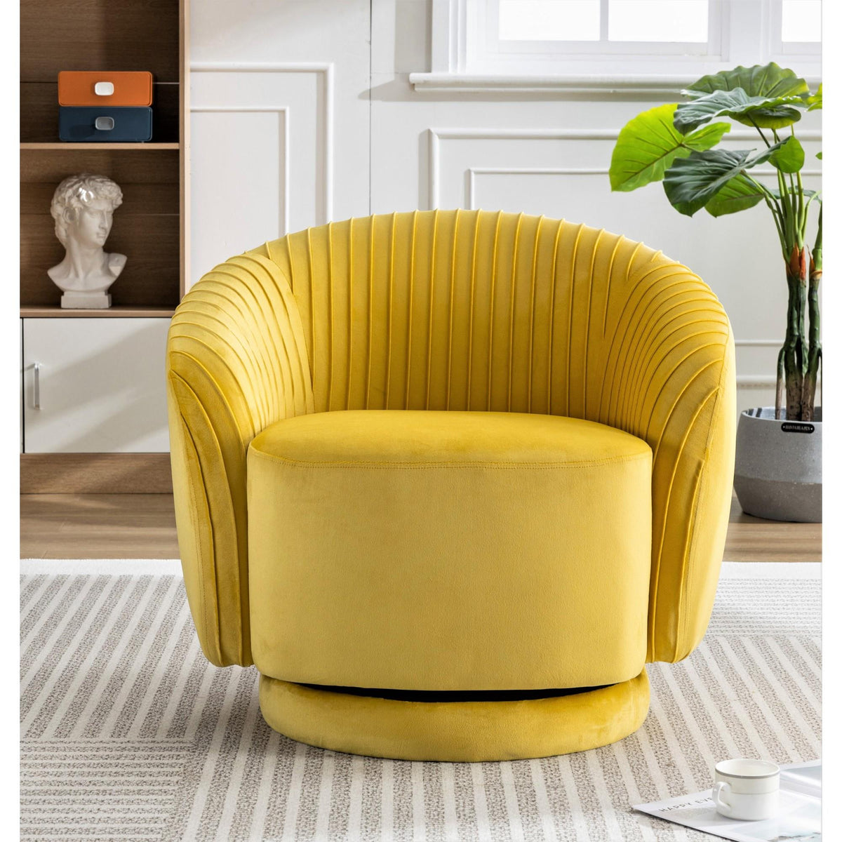 Velvet 364 Degree Swivel Barrel Chair, Pleated Modern Accent Armchair with Sturdy Base and Thick Padded Cushion, Leisure Round Sofa Chair for Living Room Bedroom Office Hotel Nursery