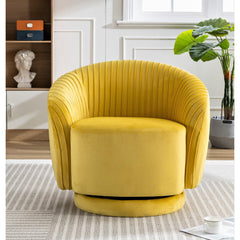 Velvet 364 Degree Swivel Barrel Chair, Pleated Modern Accent Armchair with Sturdy Base and Thick Padded Cushion, Leisure Round Sofa Chair for Living Room Bedroom Office Hotel Nursery