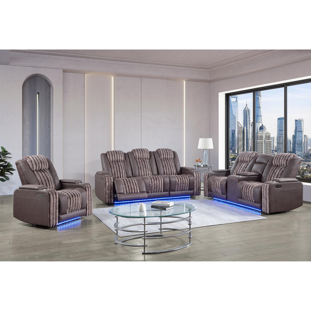 Epic Brown 3PC Power Reclining Sofa-Loveseat and Recliner with Power Headrest, LED and more