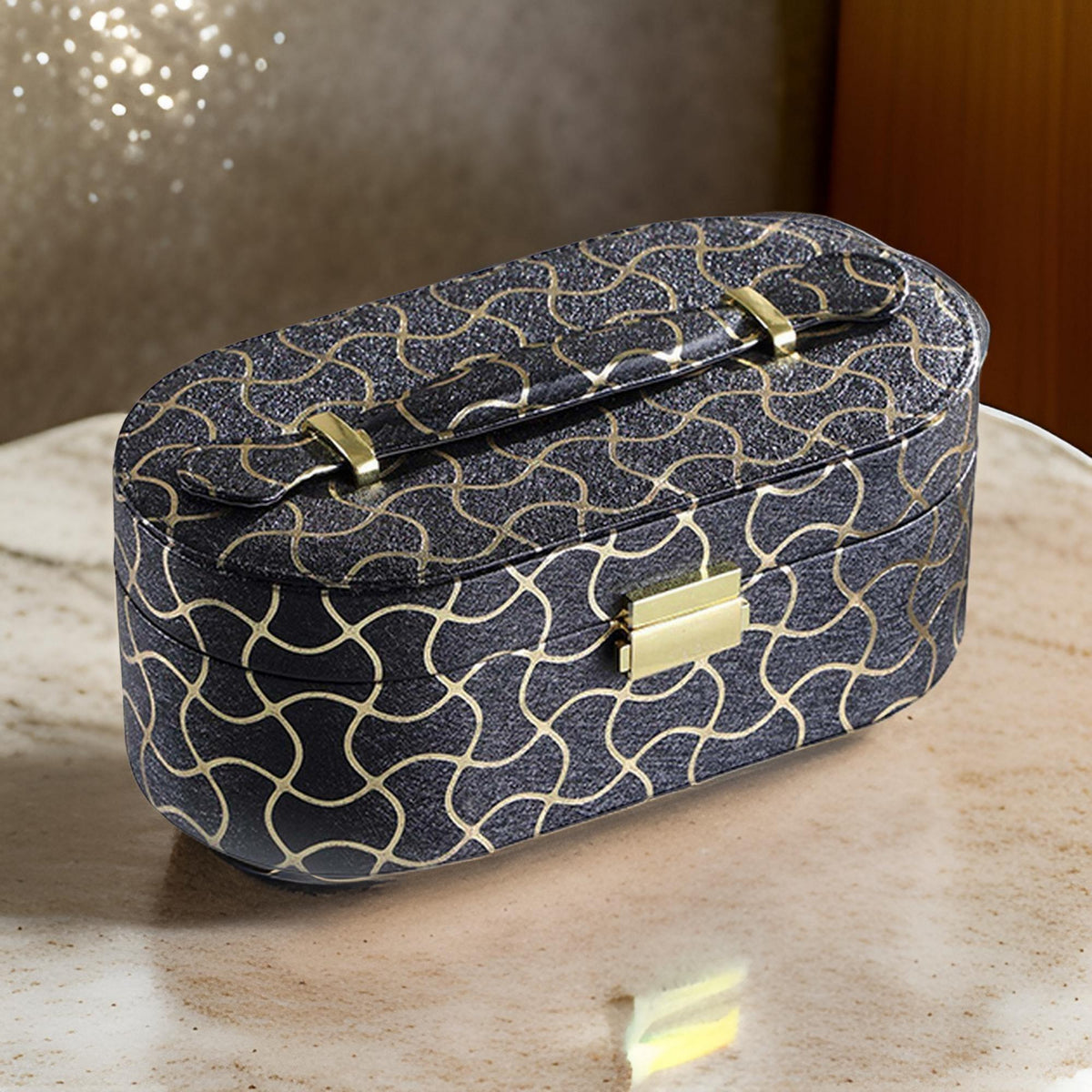 Odysseus Jewelry Case with 2 Semicircle Slots and Wavy Pattern, Black