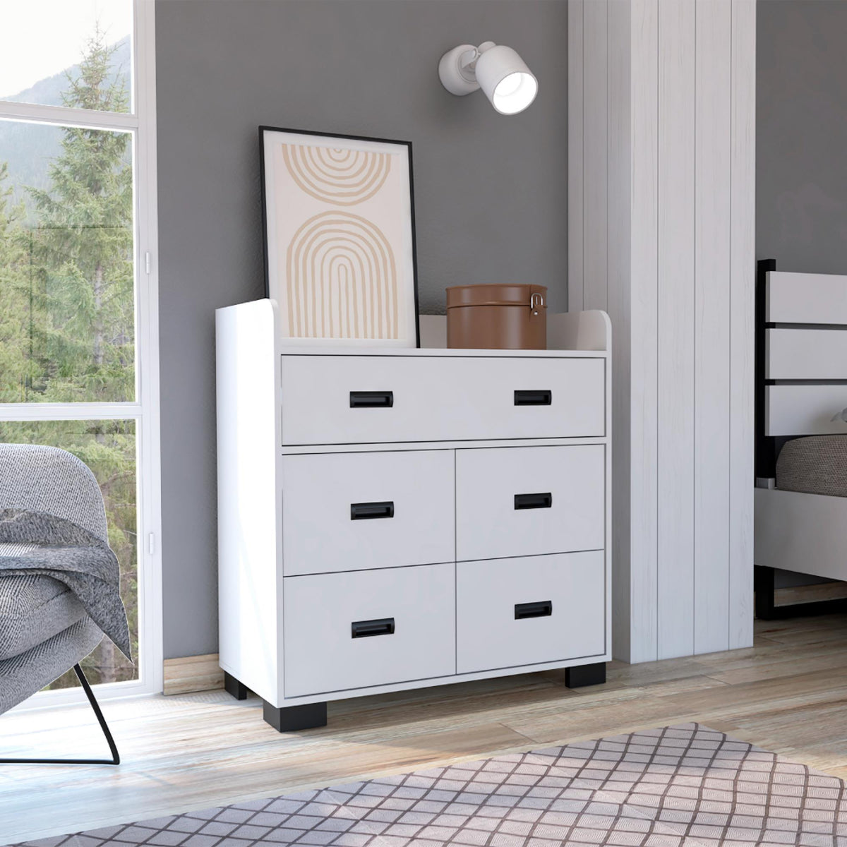 Melody Dresser, Four Legs, Four Drawers, One Double Drawer, Superior Top -White