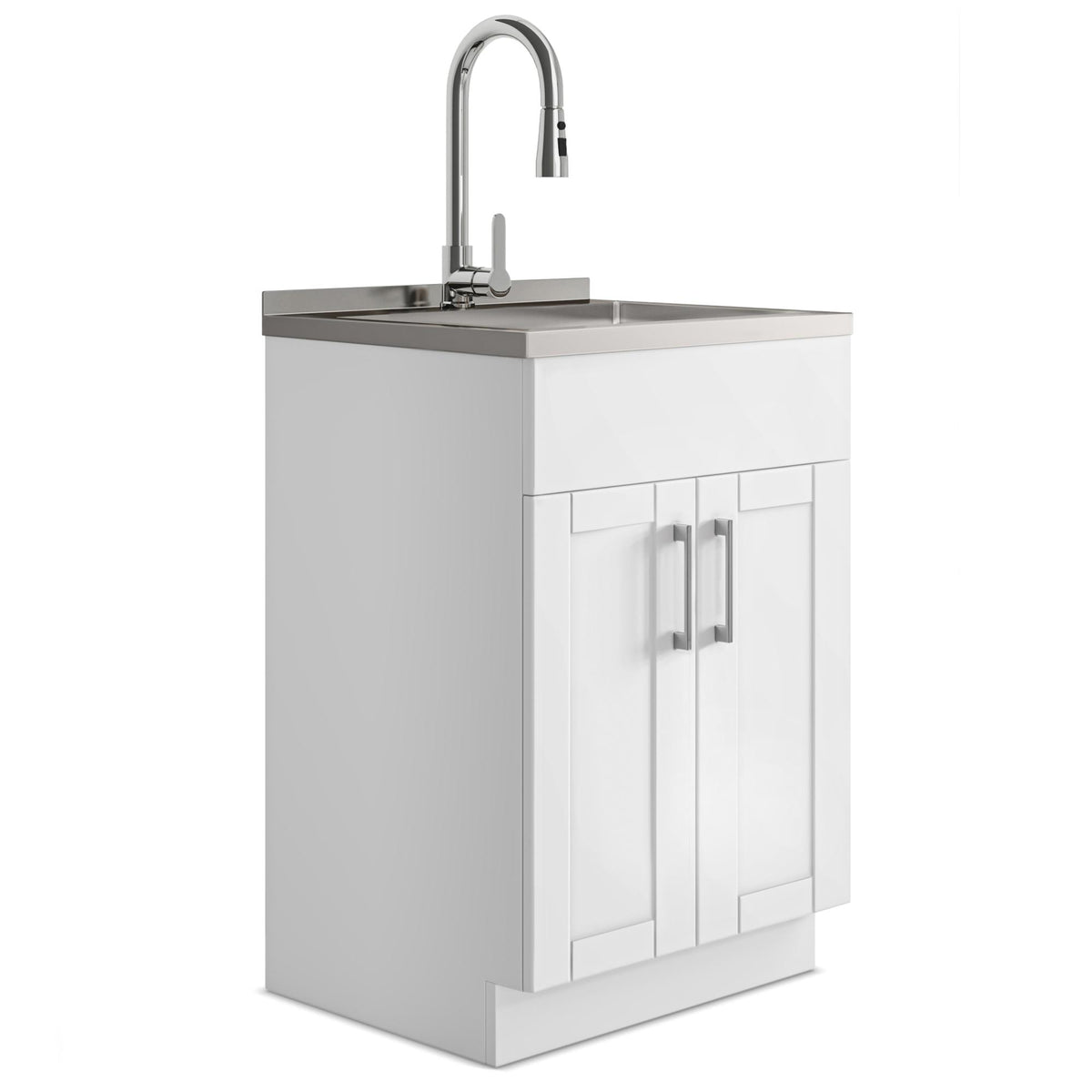 Modern Wide Shaker - 24" Laundry Cabinet with Faucet and Stainless Steel Sink - White