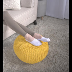Poseidon Knitted Cotton Round Pouf, Yellow