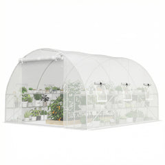 10'x11'x6' Walk-in Tunnel Greenhouse with Shelves, Mesh Door and Windows, Hoop House Greenhouse with PE Cover, White