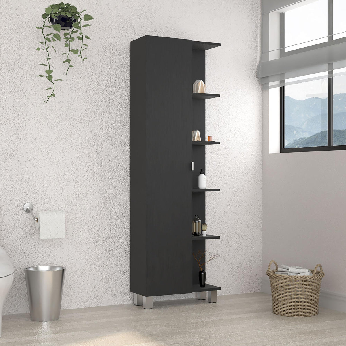 Iphigenia Mirror Linen Cabinet, Four Interior Shelves, Five External Shelves -Black