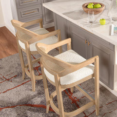 Ares Mid-Century Modern 26" Cane Back Counter Stool, Ivory White Boucle
