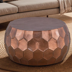 Modern Contemporary Round Aluminum material 32" Coffee Table and 21"Height End Table Set 2PC Tables with Glossy Diamond-Patterned Base Copper