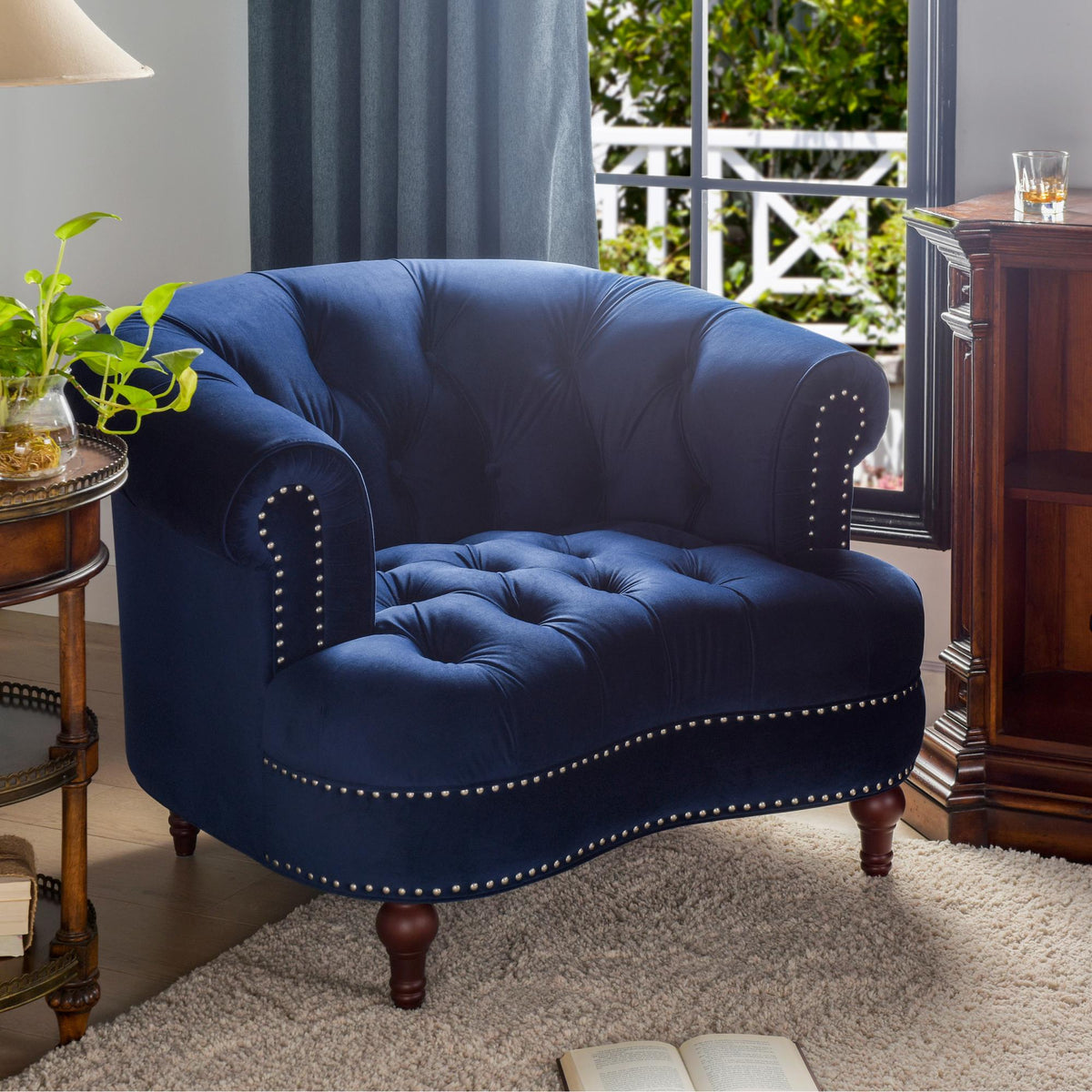 Harmony Rosa Victorian Tufted Upholstered Accent Chair, Navy Blue Velvet