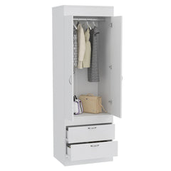 Rhea Armoire, Rod, Double Door, Two Drawers, Metal Handles White