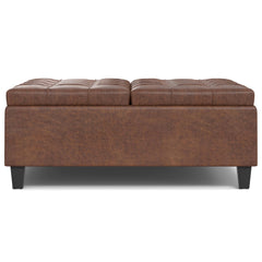 Aeneas 40 inch Wide Large Square Coffee Table Storage Ottoman in Distressed Saddle Brown Vegan Leather