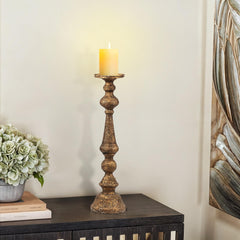 Nirvana 24 Inch Pillar Candle Holder, Antique Brass Metal, Turned Pedestal