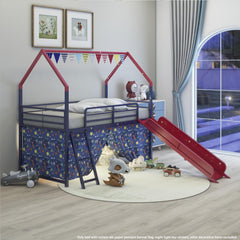 Agamemnon Metal Junior House Twin Loft Bed with Slide and Curtain Set, Super Hero Color Navy Blue and Red