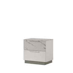 Hecuba Nightstand – Two-Tone High-Gloss Marble & Lacquer Finish with Two Drawers, Velvet-Lined Interior, and a Compact Elegant Design