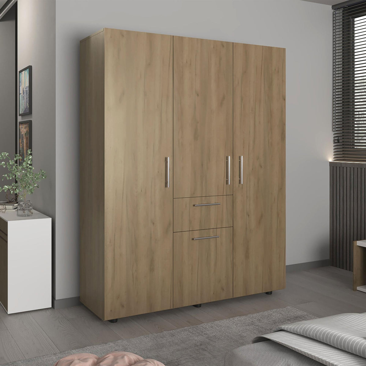 Planet 70" High Four-Door, One Drawer Armoire With Three Hanging Rods, Seven Shelves Bedroom, Wardrobe, Closet Natural Oak