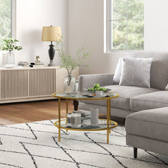 Side Table with Storage, 26" Round End Table, 2-Tier Tempered Glass Coffee Table with Steel Frame for Living Room, Gold