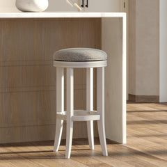 Story Bar-Height Wood Backless Barstool with Upholstered Gray Swivel Seat, White Frame, 1PC