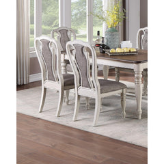 Antique White Set of 2 Dining Chairs Grey Upholstered Tufted unique Design Chairs Back Cushion Seat Dining Room