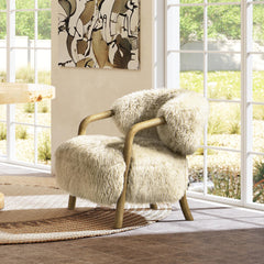Zeus 33" Rustic Oak Sheepskin Upholstered Accent Arm Chair, Taupe Beige Genuine Fur