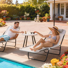 Folding Chaise Lounge Chair, Pool Sun Tanning Chair, Outdoor Lounge Chair with Reclining Back, Breathable Mesh Seat, Headrest for Beach, Yard, Patio, Cream White