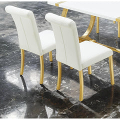 Contemporary Style 2pc Side Chair Channel Tufted Back Seat Stainless Steel O-Shaped Legs With Trestle Base Gold And White Finish