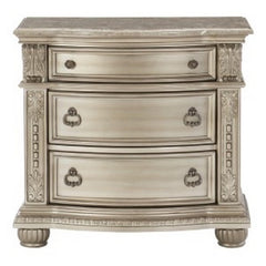 Lyric 35 Inch 3 Drawer Nightstand with Marble Top, Leaf Carvings, Silver