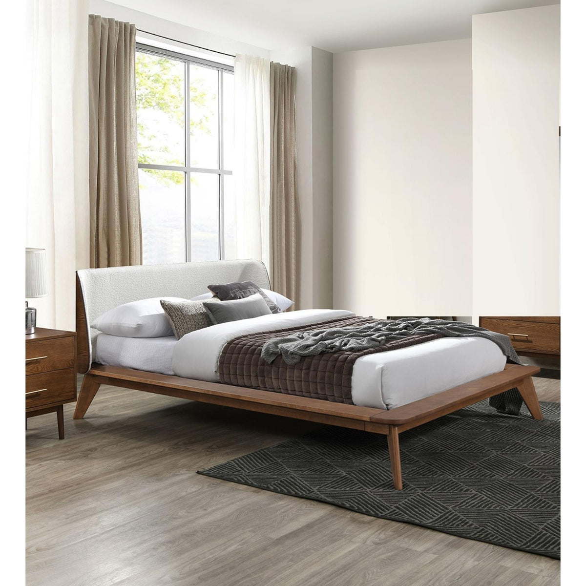 Fable / Beige Color Full Size Bed 1pc Fabric Winged Edge Headboard Platform Bedframe Mattress Ready Mid-Century Modern Style