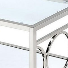 Nebula 47 Inch Coffee Table, Glass Top, Mirrored Bottom Shelf, Metal Accents