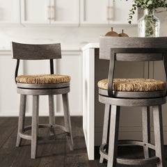 26" Wood Counter-Height Bar Stool with Natural Seagrass Seat, Reclaimed Gray, 1PC