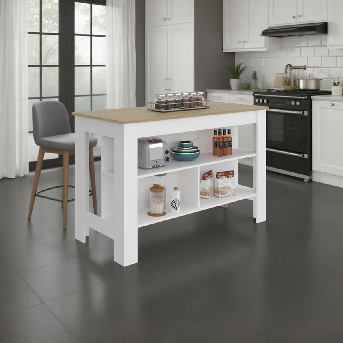 Astyanax Wide Kitchen Island with Spacious Tabletop, 3 Open Storage Shelves, Four Sturdy Legs and Comfortable Meal Prep Workstation