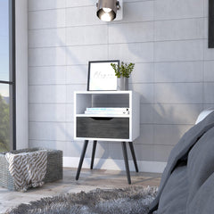 Story Nightstand , Superior Top, One Open Shelf, One Drawer, Four Legs -Smokey Oak / White