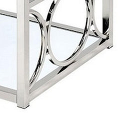 Nebula 47 Inch Coffee Table, Glass Top, Mirrored Bottom Shelf, Metal Accents