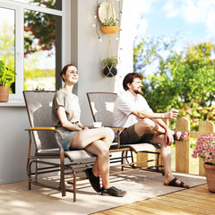 Outdoor 2-Person Glider Bench, Outside Glider Swing Chair Loveseat with Table, Steel Frame, Light Mixed Brown