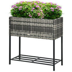 Raised Garden Bed, Elevated Planter Box with Rattan Wicker Look, Tool Storage Shelf, Portable Design for Herbs, Vegetables, Flowers, Gray