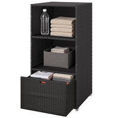 Valet Pool Towel Rack, Water-Resistant PE Plastic Rattan Wicker Storage Organizer, 2 Shelves, 1 Basket Drawer