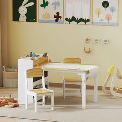 Kids Desk and Chair Set with Paper Roll, Kids Activity Craft Table with Storage Shelves and Drawers, Natural Wood