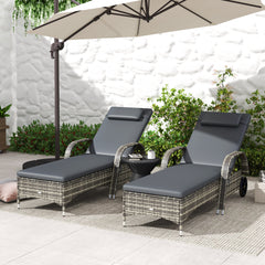 2 Reclining Chaise Lounge Chairs, Rolling Outdoor Chairs with Cushion, Pillow, Headrest, Armrests, and Wheels, Gray