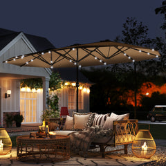 Garden Parasol 14.4 ft. Double-Sided Sun Umbrella with Base, Patio Parasol with LED Solar Lights, Khaki