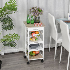 Mobile Kitchen Cart, Rolling Kitchen Island with Storage, Solid Wood Frame Utility Cart with Wire Fruit Baskets, Trays and Drawer, White