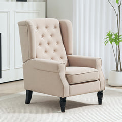 Wingback Accent Chair for Living Room, Button-Tufted Lounge Chair with Round Armrests and Wood Legs, Beige