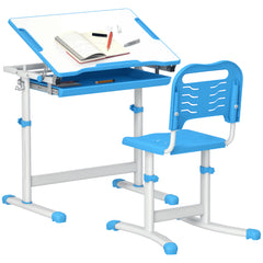 Height Adjustable Kids Desk and Chairs Set with Tilt Desktop, Storage Drawer, Pen Slot, Hook, Blue