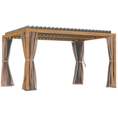 10' x 13' Outdoor Retractable Pergola w/ Sun Shade Louvered Top, Pergola w/ Canopy, Curtains, Netting, Natural Wood