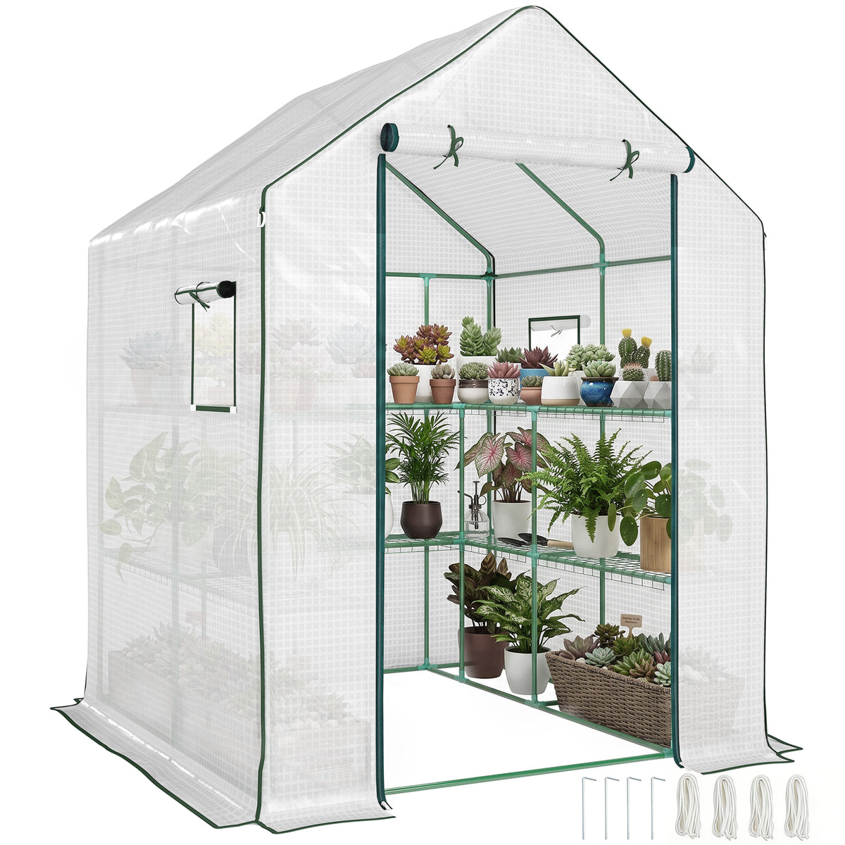 Portable Greenhouse, Water/UV Resistant Walk-In Small Outdoor Green House with 2 Tier Flower Rack Shelves, White