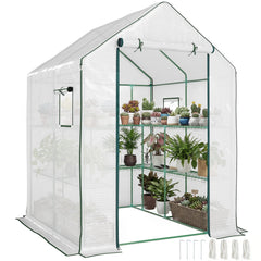 Portable Greenhouse, Water/UV Resistant Walk-In Small Outdoor Green House with 2 Tier Flower Rack Shelves, White